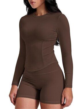 Women Brown Long Sleeve Workout Shirts Cropped Athletic Tops Slim Fit Crew Neck
